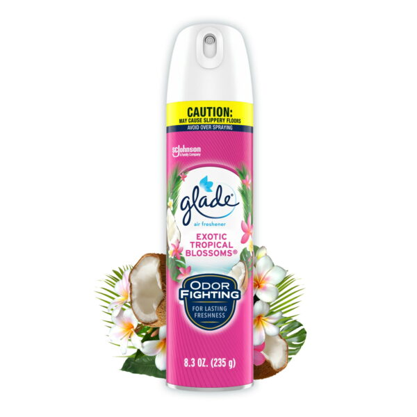 It's easier than ever to take an exotic vacation from the comfort of your couch. Exotic Tropical Blossoms Glade Air Freshener Spray is now bursting with 2x more fragrance*, giving you extra power to revive the vibe. This air freshener for home use is a fragrance crafted by master perfumers, with notes of Monoi blossoms, melon, and coconut milk. And there's more great news – the can also got a sleek makeover, while the push button has been changed to give you improved comfort and control. You still get the instantly refreshing burst of scent you love, but now it comes with 2x the fragrance*. Surround yourself with a room air freshener fragrance infused with essential oils. Feel waves of fresh energy and get a fragrance boost that uses 100% natural propellant. It's made without phthalates, parabens, formaldehyde, nitro musks, or dyes. With 2x the fragrance*, bring on tropical bliss with Exotic Tropical Blossoms.* vs Glade 7.6 oz spray Exotic Tropical Blossoms Glade Air Freshener Spray has a fragrance crafted by master perfumers, with notes of Monoi blossoms, melon, and coconut milk Now with 2x more fragrance (vs Glade 7.6 oz spray), it's easier than ever to enjoy waves of freshness – the can get a fashion makeover and the push button gives you improved comfort and control Feel waves of fresh energy with this Glade air freshener – it uses 100% natural propellant and is made without phthalates, parabens, formaldehyde, nitro musks, or dyes Surround yourself with a room air freshener fragrance infused with essential oils Freshen any room in a spritz with this Glade aerosol spray – it makes it easy to add a refreshing spritz of personality to your home